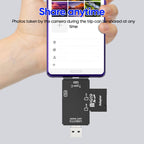 Adaptateur USB OTG Type-C pour carte microSD connecté à un smartphone, facilitant le partage instantané de photos de voyage.