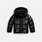 Doudoune noire à capuche, matelassée et brillante, idéale pour l'hiver. Veste chaude et tendance, style urbain, fermeture éclair frontale.