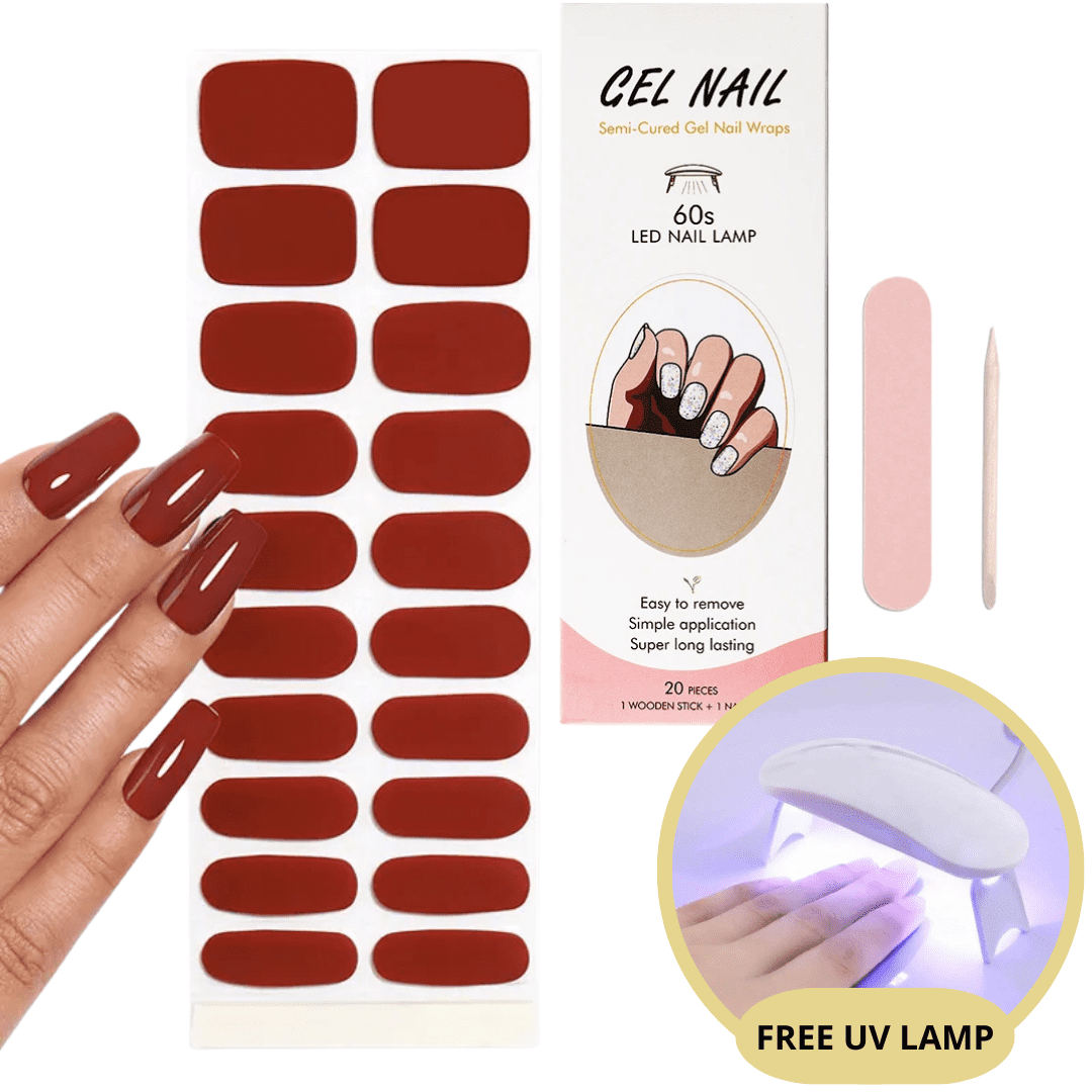 Autocollants ongles gel rouge, kit manucure avec lime, bâtonnet bois, lampe UV gratuite, application facile, longue tenue, 20 pièces.