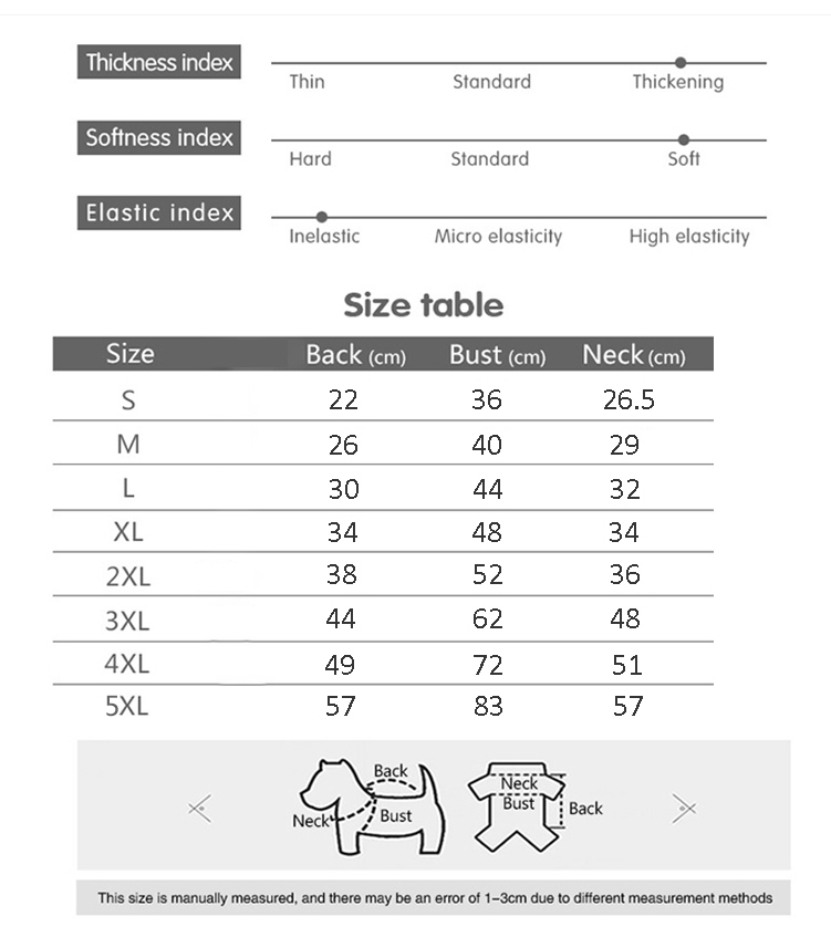 Tableau des tailles de vêtements pour chiens, incluant indices d'épaisseur, douceur et élasticité. Tailles S à 5XL avec mesures du dos, buste et cou en cm.