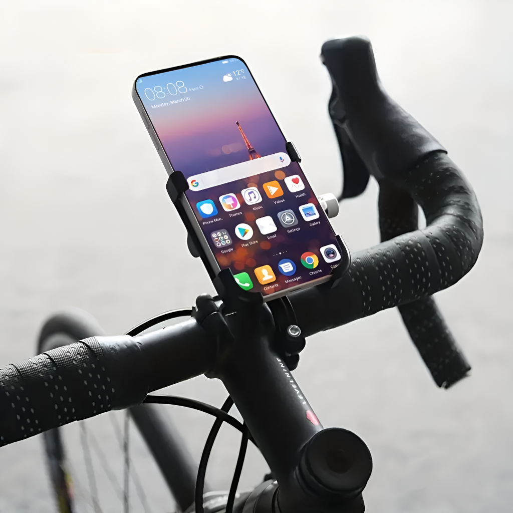 Smartphone monté sur guidon de vélo, affichant des applications populaires. Accessoire de cyclisme, technologie mobile, navigation GPS.