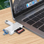 Ordinateur portable avec adaptateur USB-C connecté, lecteur de carte SD inséré, sur bureau en bois. Accessoire technologique pour transfert de données.