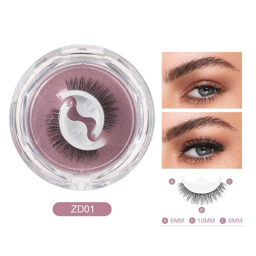 Faux cils ZD01 en boîte ronde transparente, longueur mixte 6mm et 10mm, avec photos d'application sur yeux maquillés, pour un regard intense.