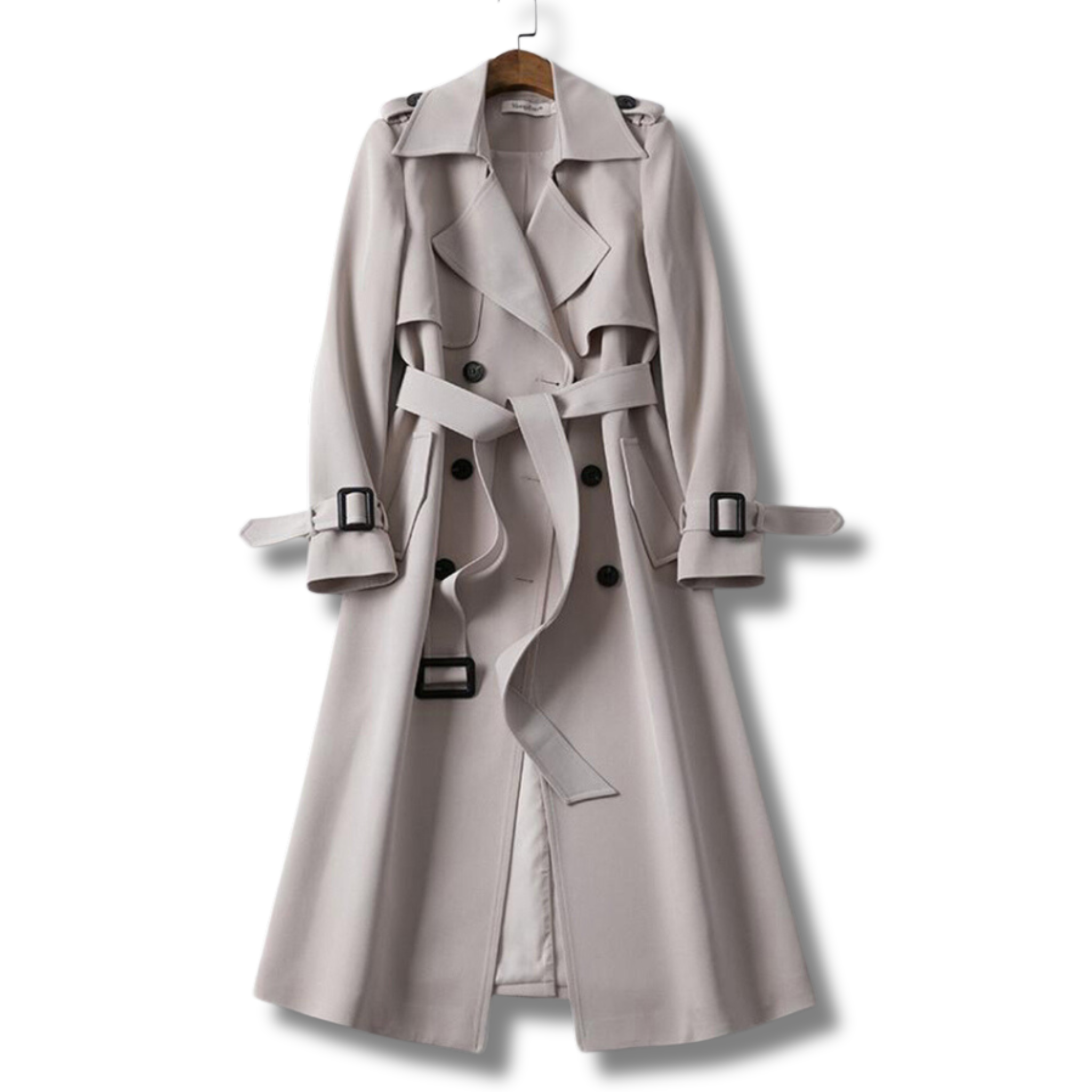 Trench-coat beige élégant pour femme, ceinture ajustable, boutons noirs, style classique, idéal pour mode automne-hiver, vêtement chic intemporel.