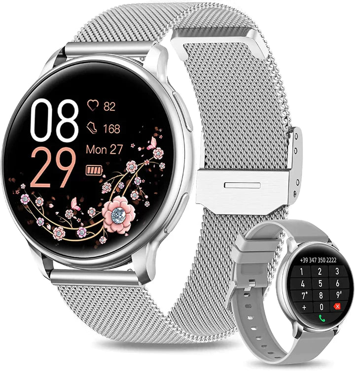 Montre connectée argentée avec bracelet en maille, affichage floral, suivi de fréquence cardiaque, notifications d'appels, écran tactile moderne.