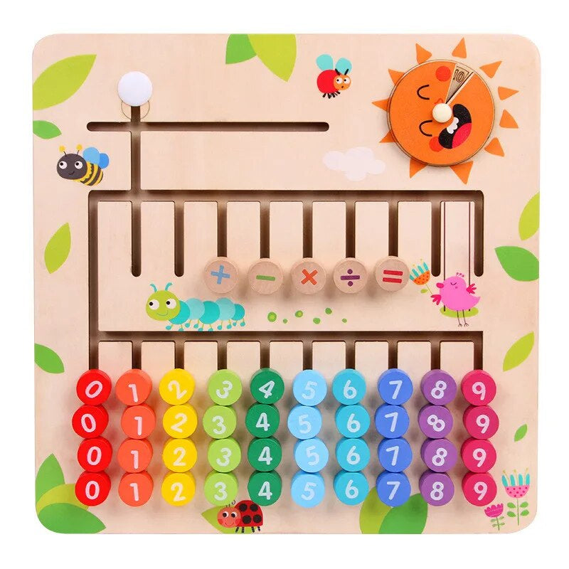 Jeu éducatif en bois pour enfants avec chiffres colorés, symboles mathématiques, et motifs d'insectes. Idéal pour apprendre les mathématiques.