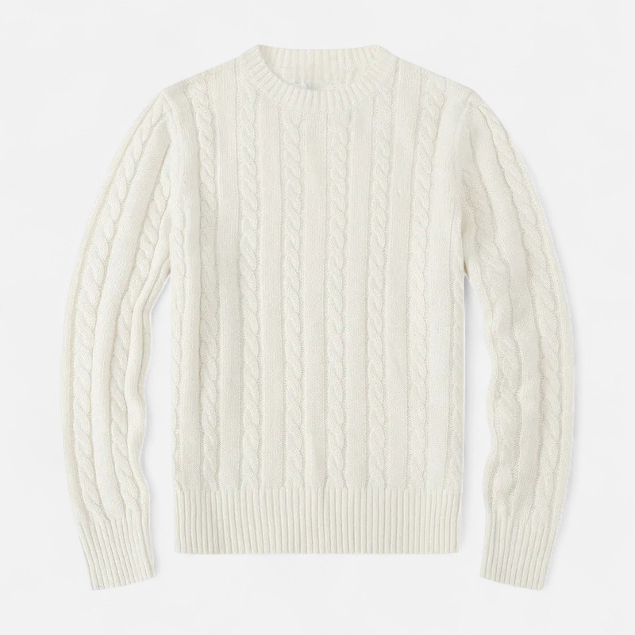 Pull en laine torsadée blanc cassé, manches longues, col rond. Style classique et élégant, idéal pour l'hiver. Mode homme, vêtement chaud.