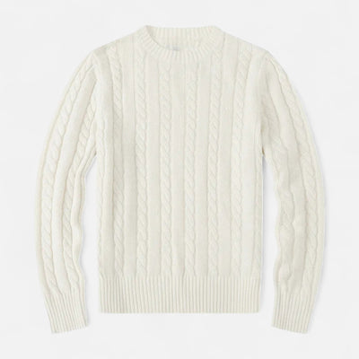 Pull en laine torsadée blanc cassé, manches longues, col rond. Style classique et élégant, idéal pour l'hiver. Mode homme, vêtement chaud.