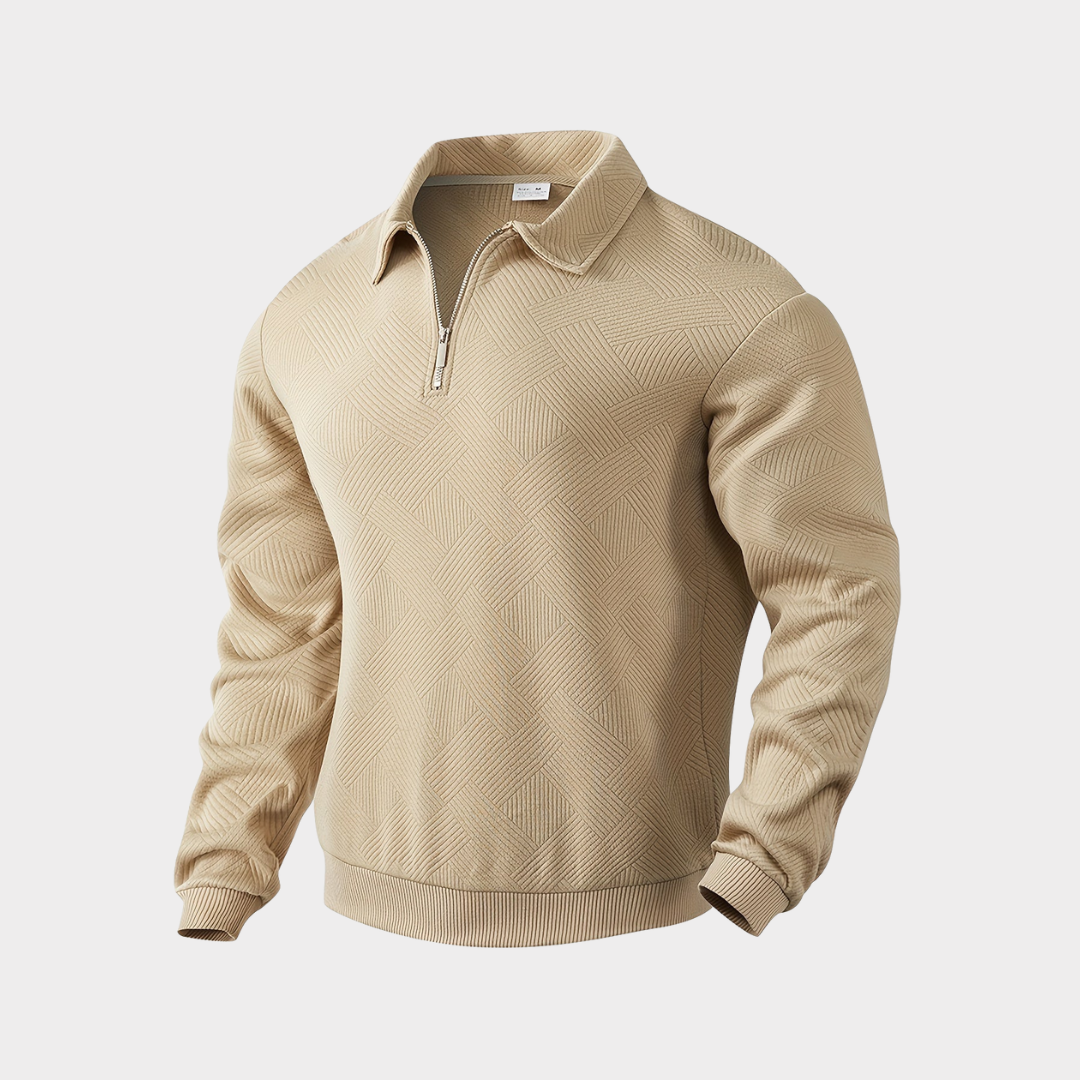 Pull-over beige à col zippé, motif géométrique, manches longues. Vêtement élégant pour homme, style décontracté et moderne.