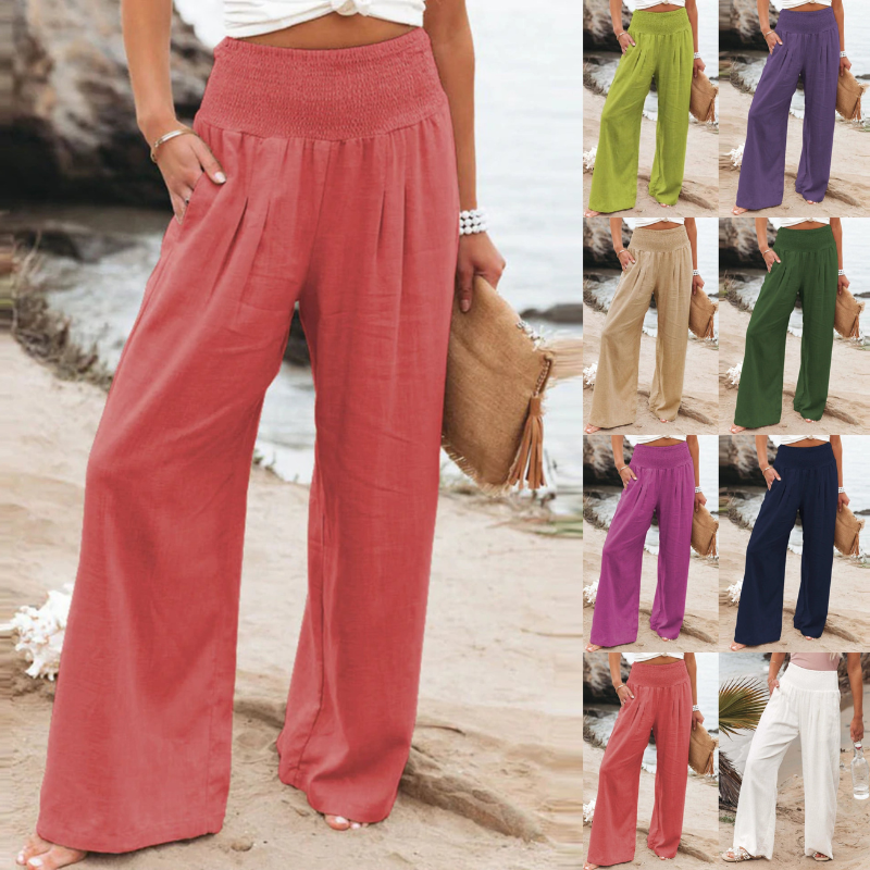 Pantalon large en lin pour femme, disponible en plusieurs couleurs: rose, vert, beige, violet, bleu. Style décontracté, parfait pour l'été.