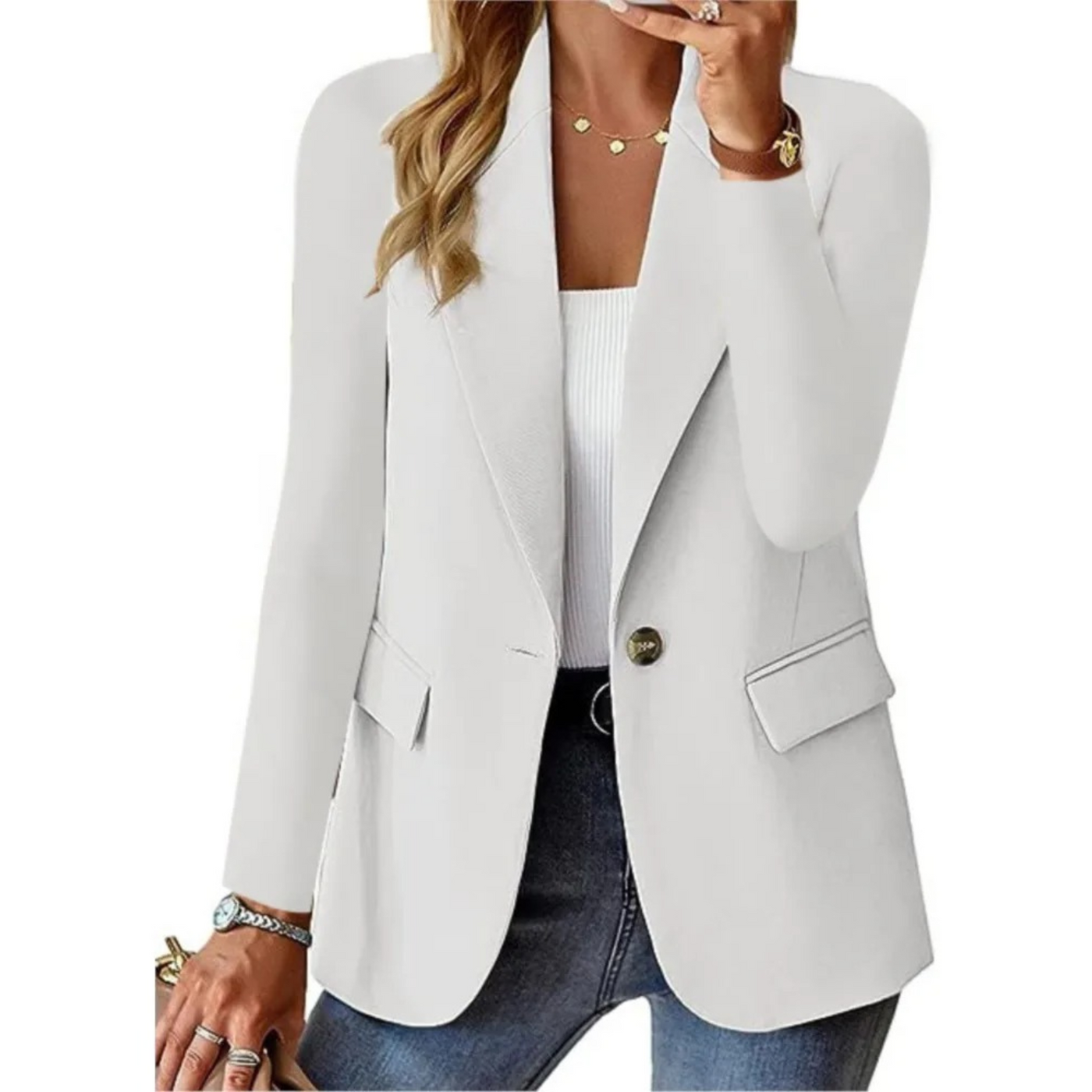 Blazer informal de manga larga con bolsillos ajustados y hebilla para mujer