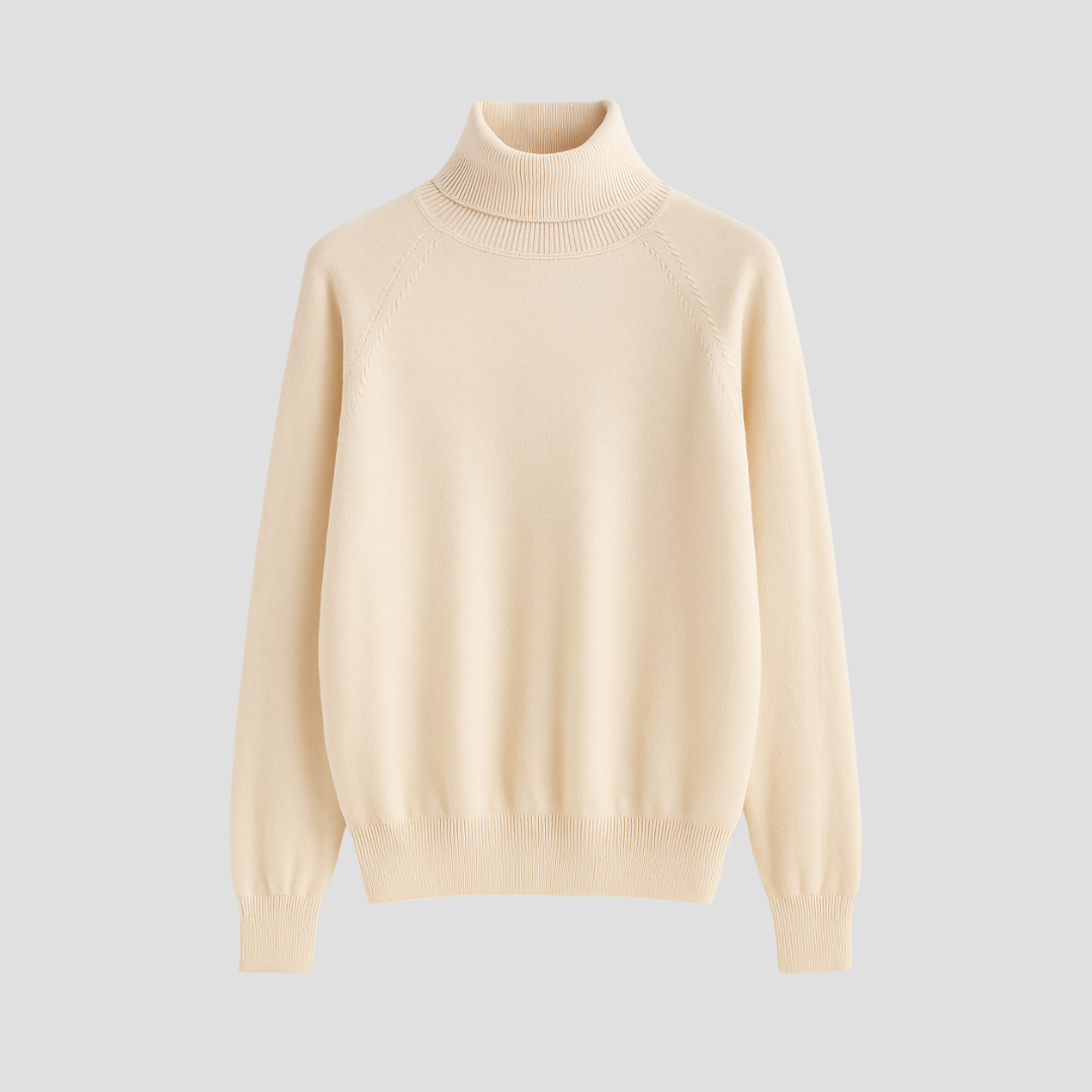 Pull col roulé beige en laine, manches longues, style classique. Mode automne-hiver, vêtement chaud et élégant pour homme ou femme.