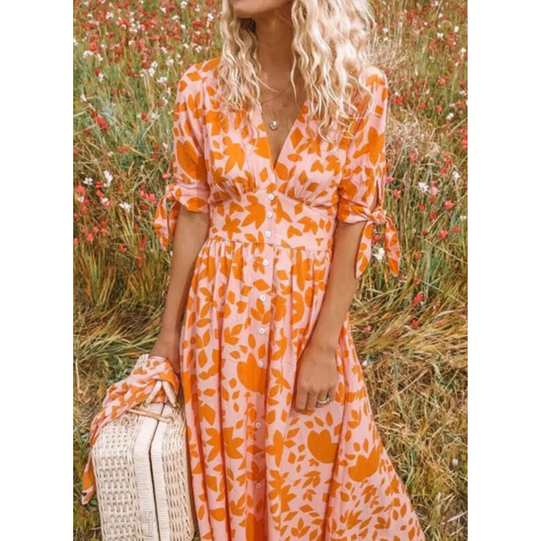 Vestido bohemio de cuello en V y mangas anudadas | Maxi