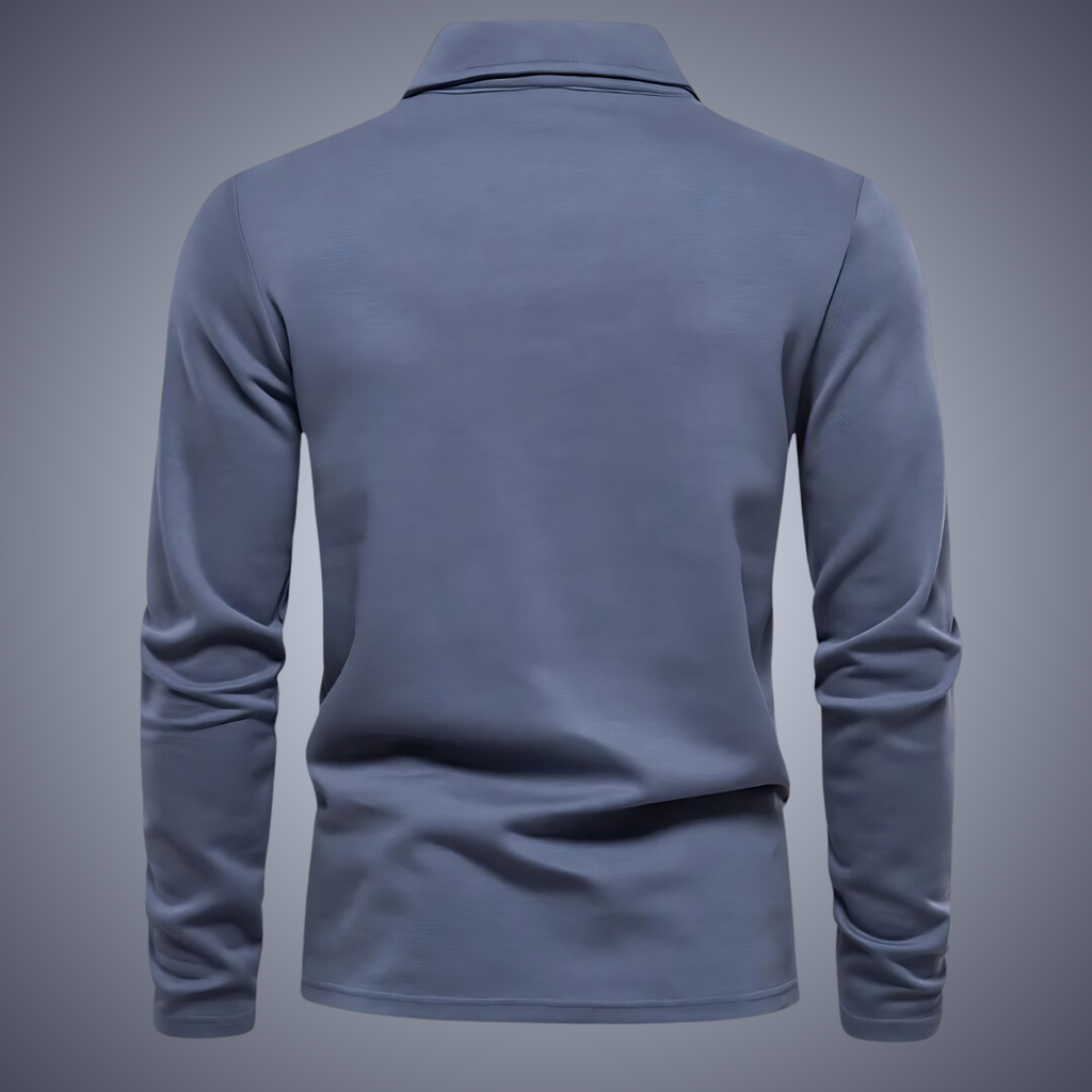 Polo bleu à manches longues pour homme, vue de dos, tissu en coton, col classique, style décontracté, mode masculine, vêtement automne-hiver.