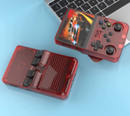 Console de jeu portable rouge transparente sur fond bleu, affichant un jeu de course. Design rétro, boutons classiques, écran couleur. Accessoire gaming moderne.