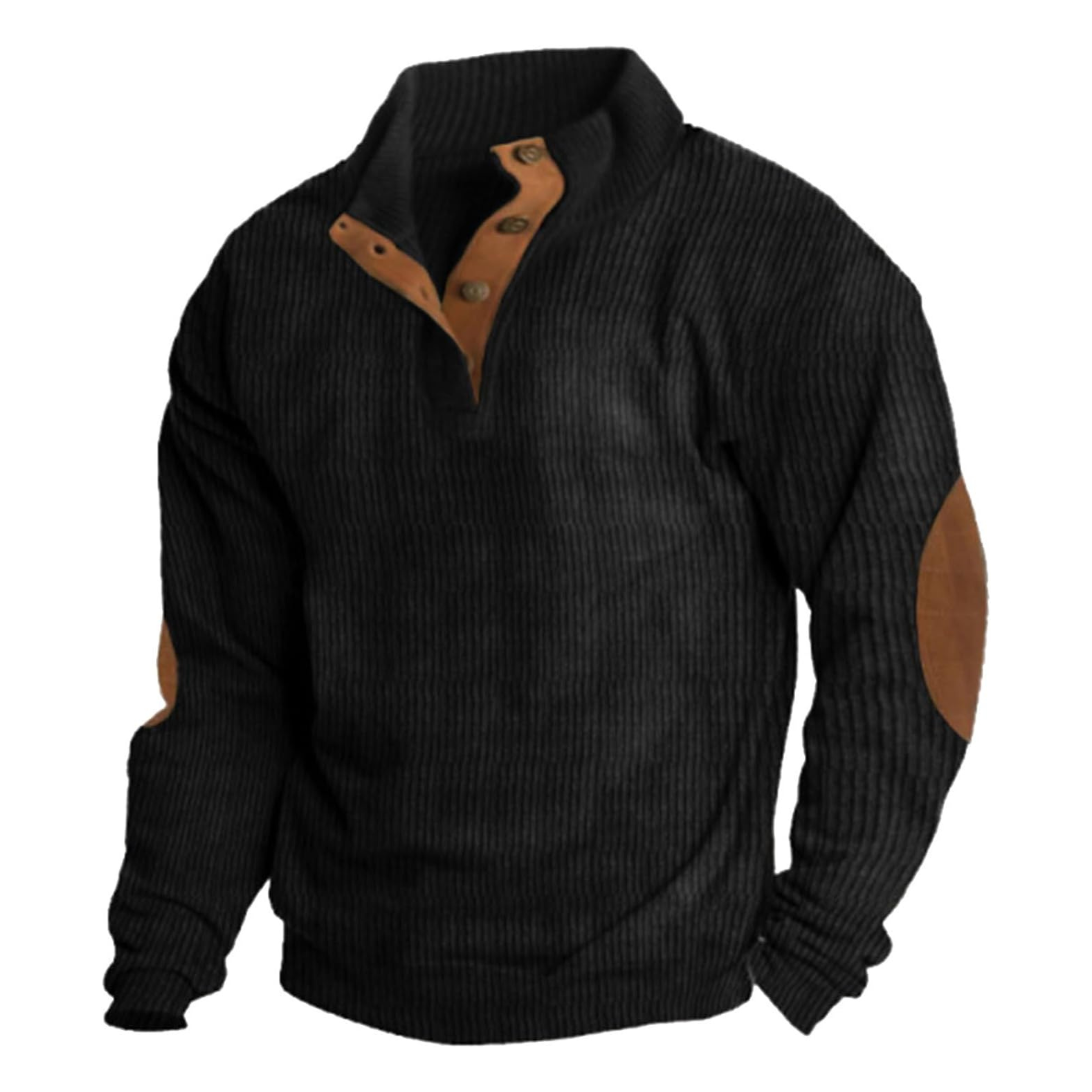 Pull en laine noir avec coudières marron, col boutonné, style décontracté. Mode homme automne-hiver, vêtement chaud et élégant.