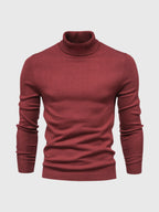 Pull col roulé rouge bordeaux pour homme, manches longues, tricoté, élégant et moderne. Mode masculine automne-hiver, style décontracté chic.