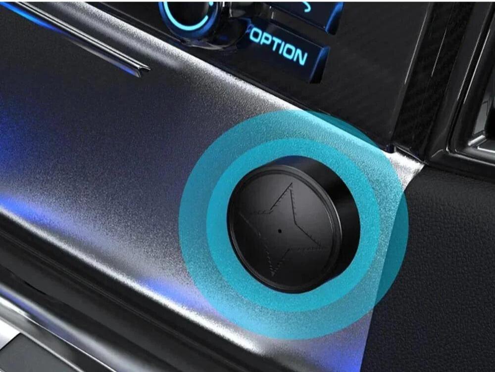 Bouton de contrôle audio de voiture moderne avec éclairage LED bleu, design élégant et technologie avancée, tableau de bord automobile high-tech.