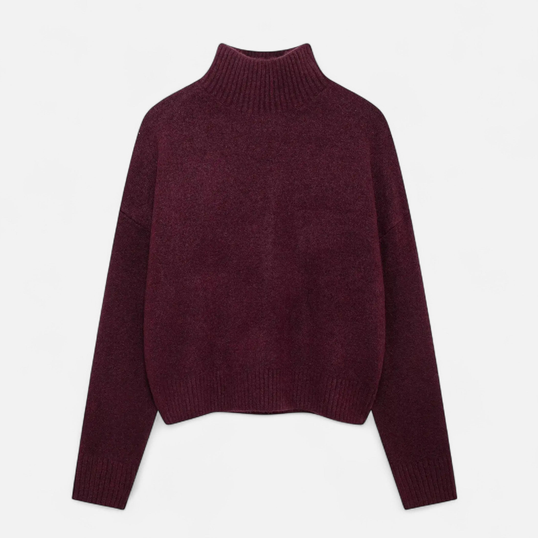 Pull-over col roulé bordeaux en laine, manches longues, style décontracté, idéal pour l'hiver. Mode femme, vêtement chaud et élégant.