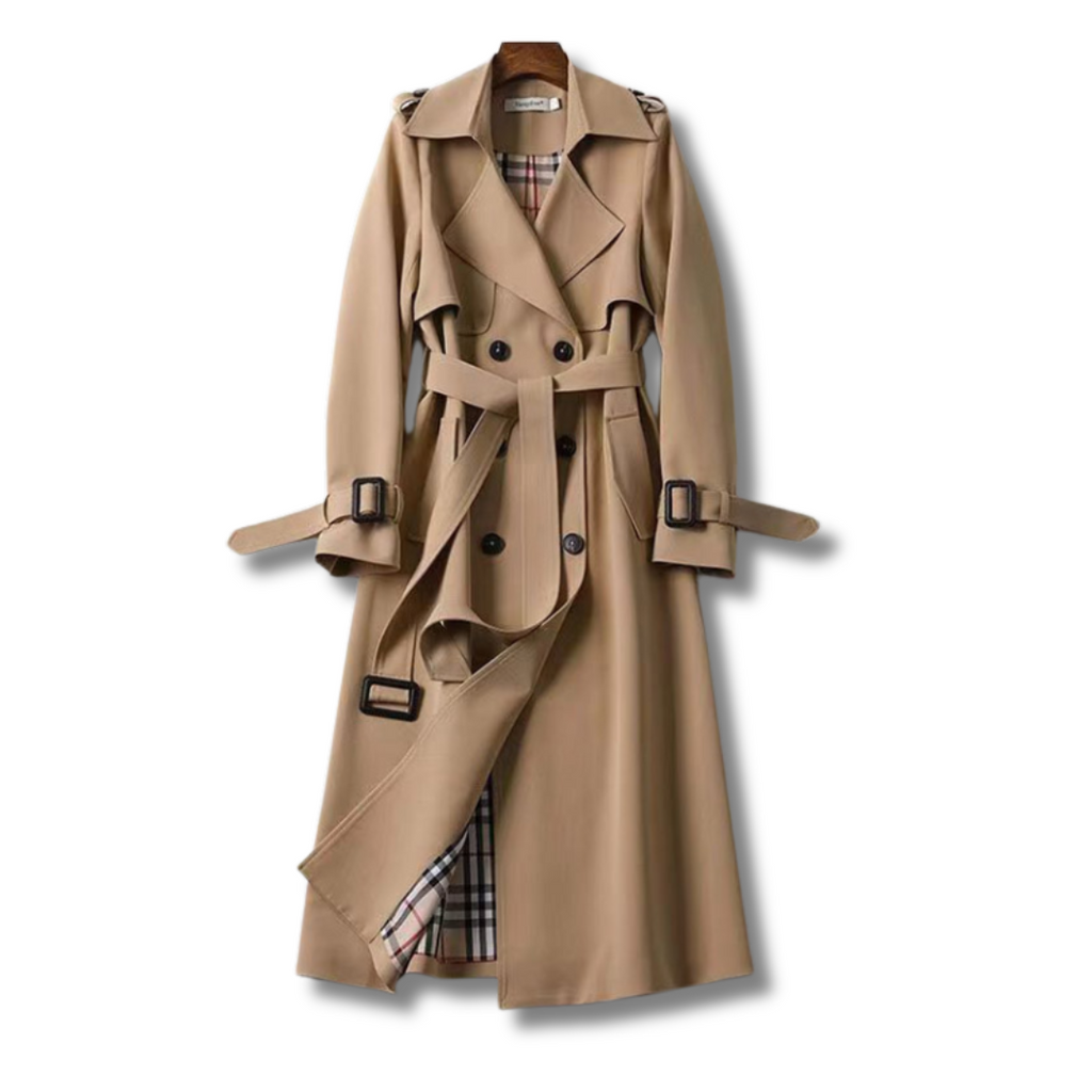 Trench-coat beige classique pour femme, ceinture et doublure à carreaux, style intemporel, mode automne-hiver, élégant et chic.