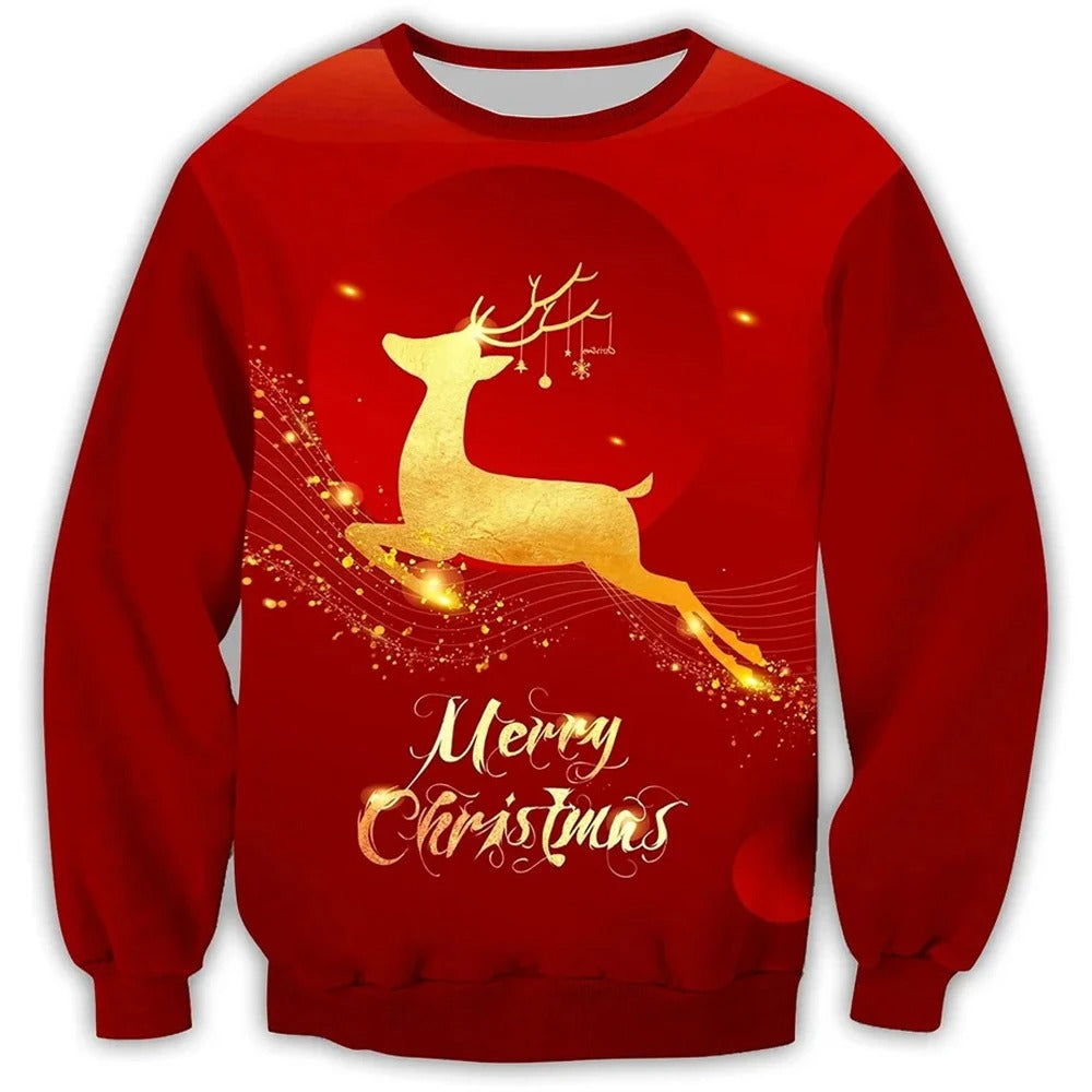 Pull rouge de Noël avec motif de renne doré et texte "Merry Christmas". Design festif, idéal pour les fêtes de fin d'année.