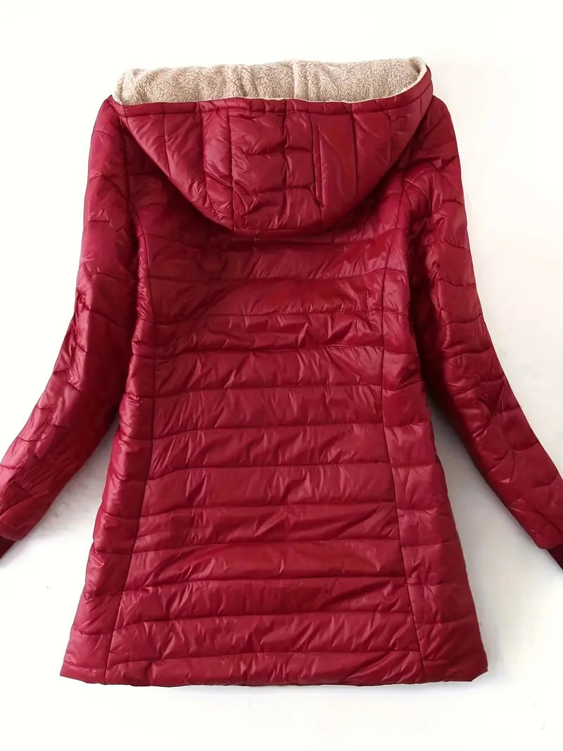 Veste matelassée rouge à capuche, design moderne, idéale pour l'hiver. Manteau chaud et élégant, parfait pour les journées froides.