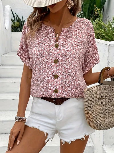 Blusa floral de manga corta con botones para mujer