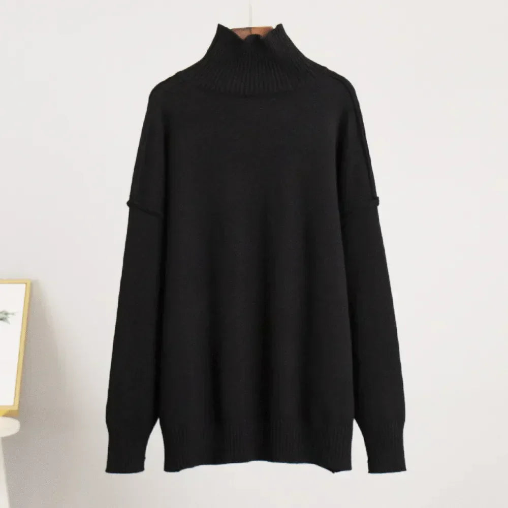 Pull noir à col roulé en laine, manches longues, style décontracté. Idéal pour l'hiver, mode féminine, vêtement chaud et élégant.