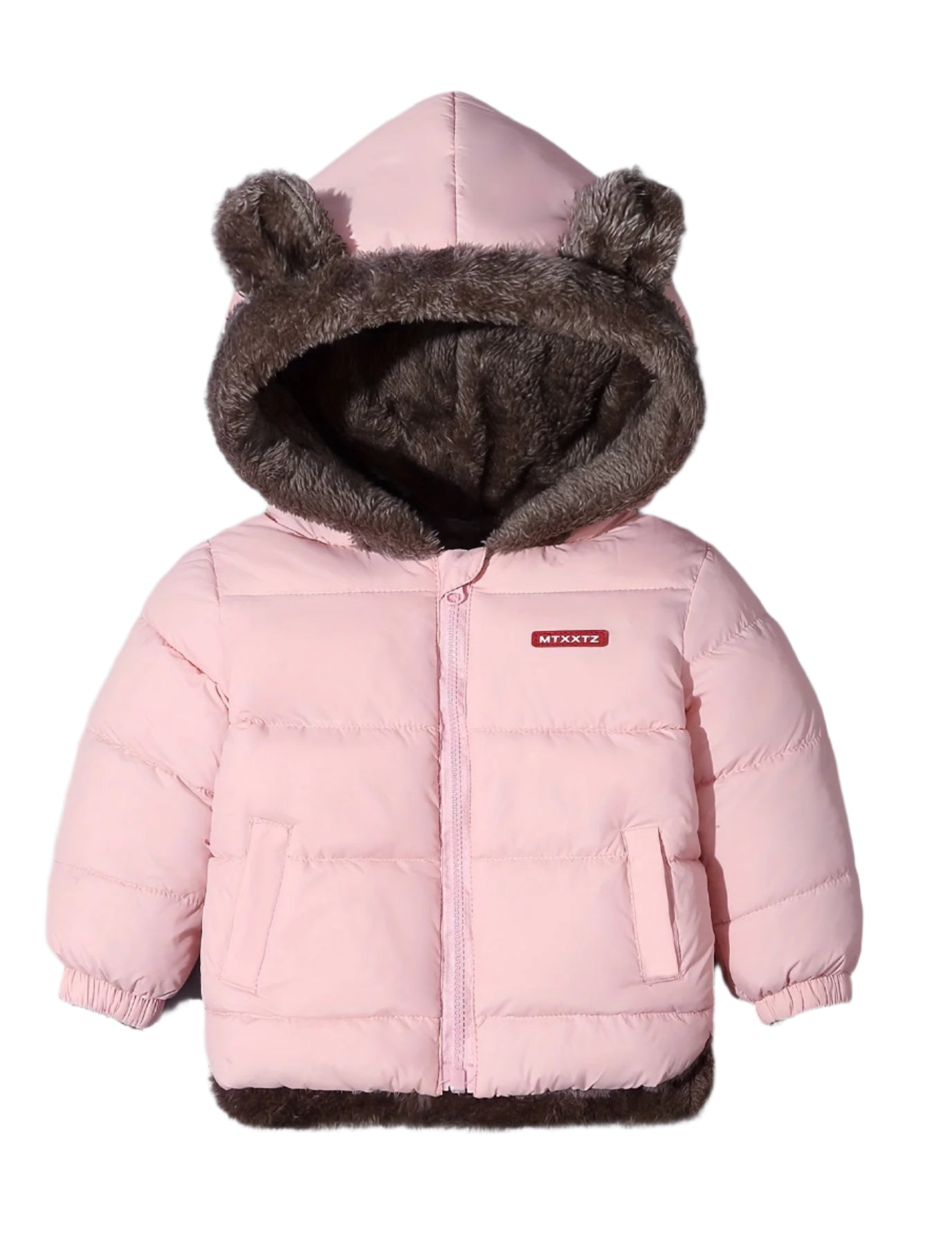 Veste d'hiver bébé rose avec capuche à oreilles d'ours, doublure en fourrure, fermeture éclair, poches avant. Manteau chaud et mignon pour enfants.