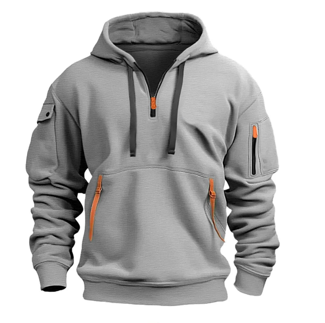 Sweat à capuche gris avec fermeture éclair orange, poches zippées, manches longues, style décontracté. Mode homme, vêtement tendance automne-hiver.