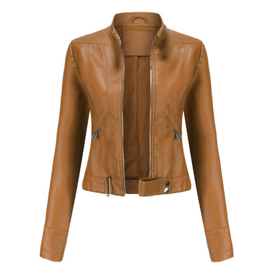 Veste en cuir pour femmes avec fermeture éclair, col montant et ceinture