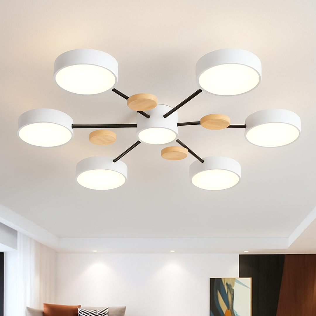 Plafonnier moderne à LED avec design géométrique, six abat-jours circulaires blancs, accents en bois, éclairage intérieur contemporain.