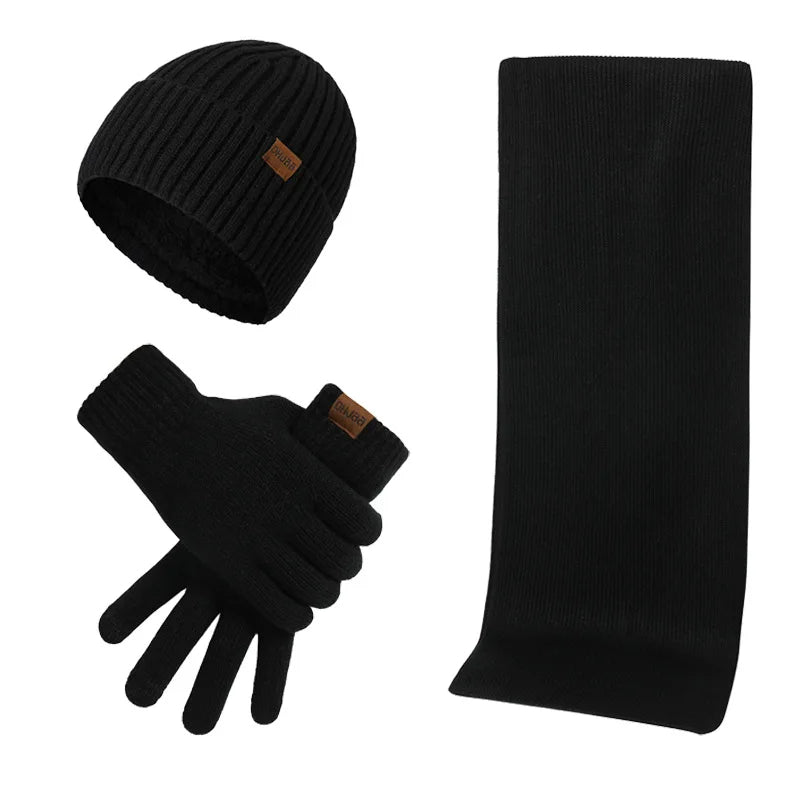 Bonnet, écharpe et gants noirs en tricot, ensemble d'hiver chaud et élégant, accessoires mode unisexes, étiquette marron, style moderne.