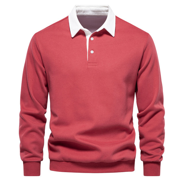 Pull-over rouge à col blanc, manches longues, style polo. Mode homme élégante, vêtement décontracté chic, idéal pour automne et hiver.