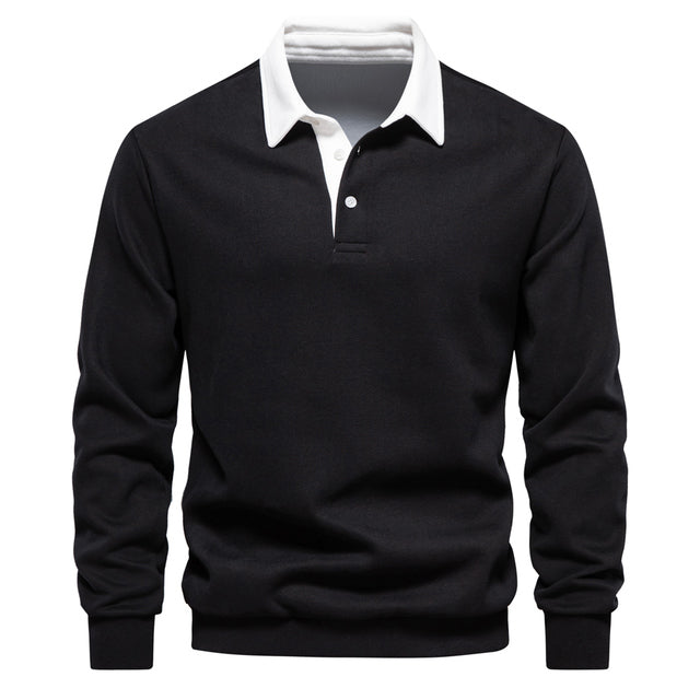 Pull noir à col polo blanc, manches longues, style élégant et moderne. Idéal pour la mode masculine automne-hiver. Tissu confortable et chic.