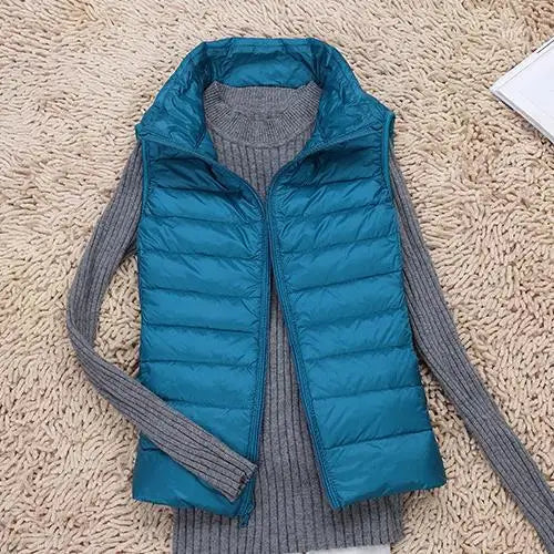 Gilet sans manches bleu en duvet sur pull gris, posé sur tapis beige. Mode automne, vêtements chauds, style décontracté, tendance hiver.