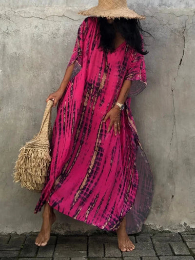 Vestido caftán para mujer - Corte holgado - Cuello en V - Estilo bohemio con efecto tie-dye