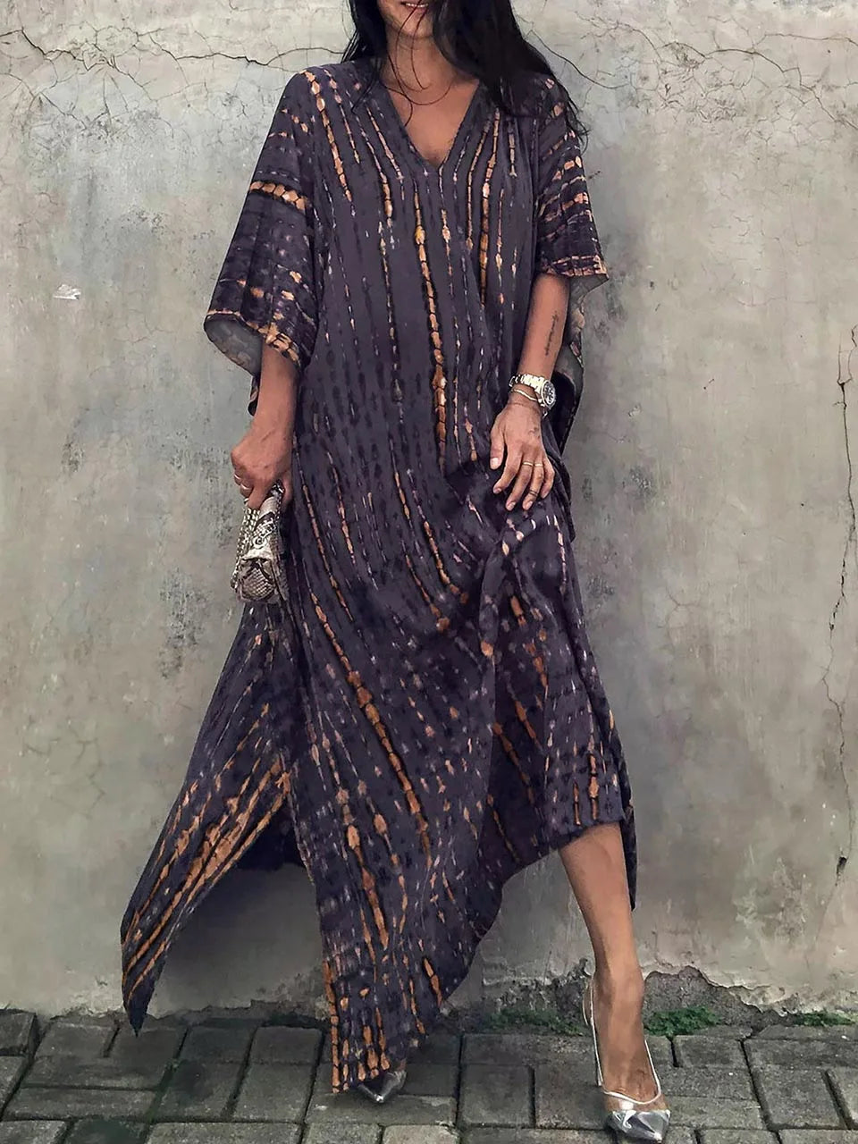 Vestido caftán para mujer - Corte holgado - Cuello en V - Estilo bohemio con efecto tie-dye