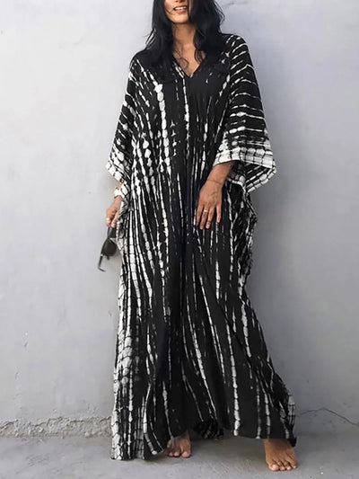 Vestido caftán para mujer - Corte holgado - Cuello en V - Estilo bohemio con efecto tie-dye