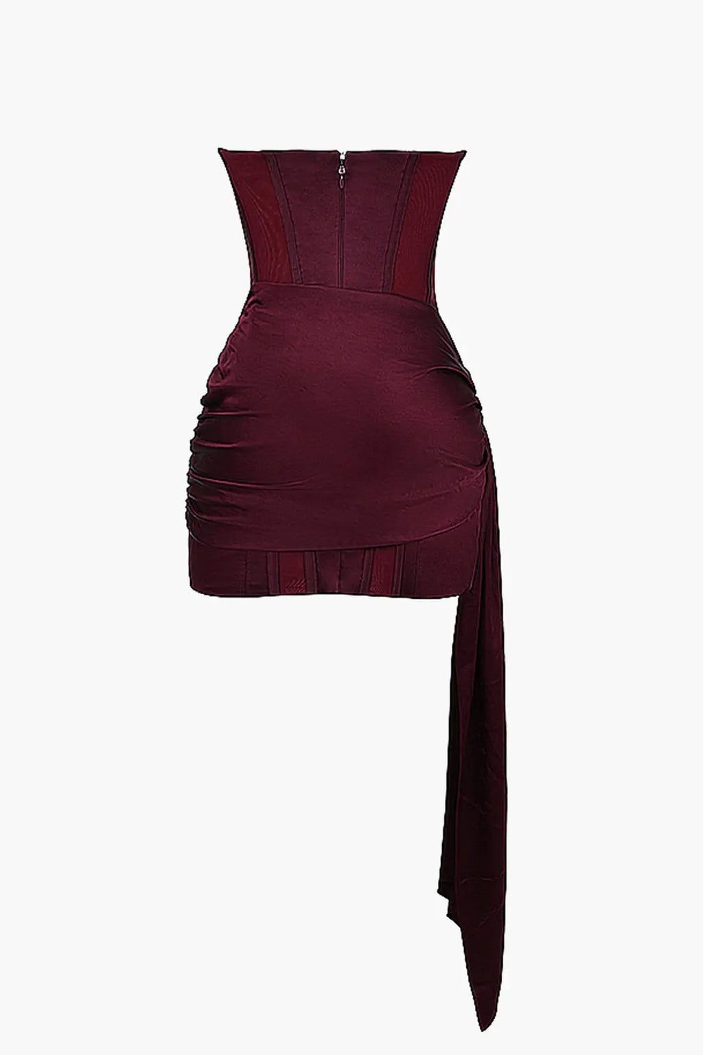 Robe bustier bordeaux élégante avec drapé latéral, design ajusté, fermeture éclair au dos. Mode féminine chic, tenue de soirée tendance.