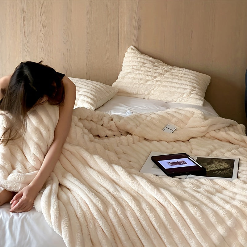 Femme assise sur un lit avec couverture en fausse fourrure beige, tablette et livre ouverts, ambiance cosy et détente dans une chambre moderne.