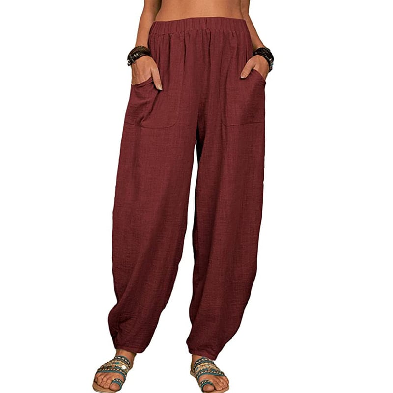 Pantalon ample en lin rouge bordeaux pour femme, avec poches avant, taille élastique, style décontracté, idéal pour l'été et les tenues bohèmes.