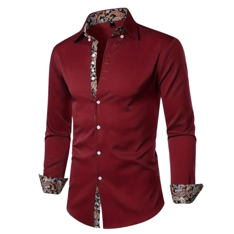 Chemise homme rouge bordeaux élégante, manches longues, col et poignets à motifs floraux, boutons blancs, mode masculine chic et tendance.