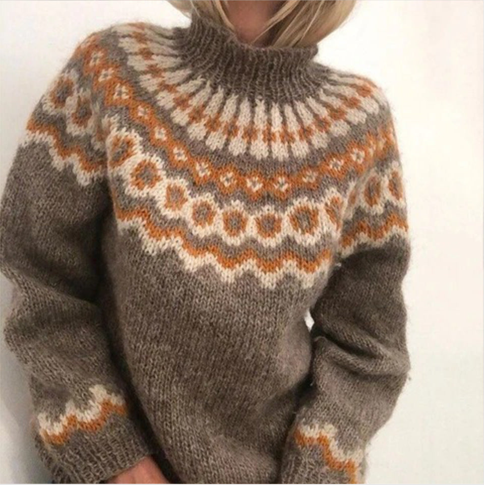 Pull en laine tricoté à motifs nordiques, col montant, tons marron, orange et blanc, style hiver chaud et confortable, mode scandinave.