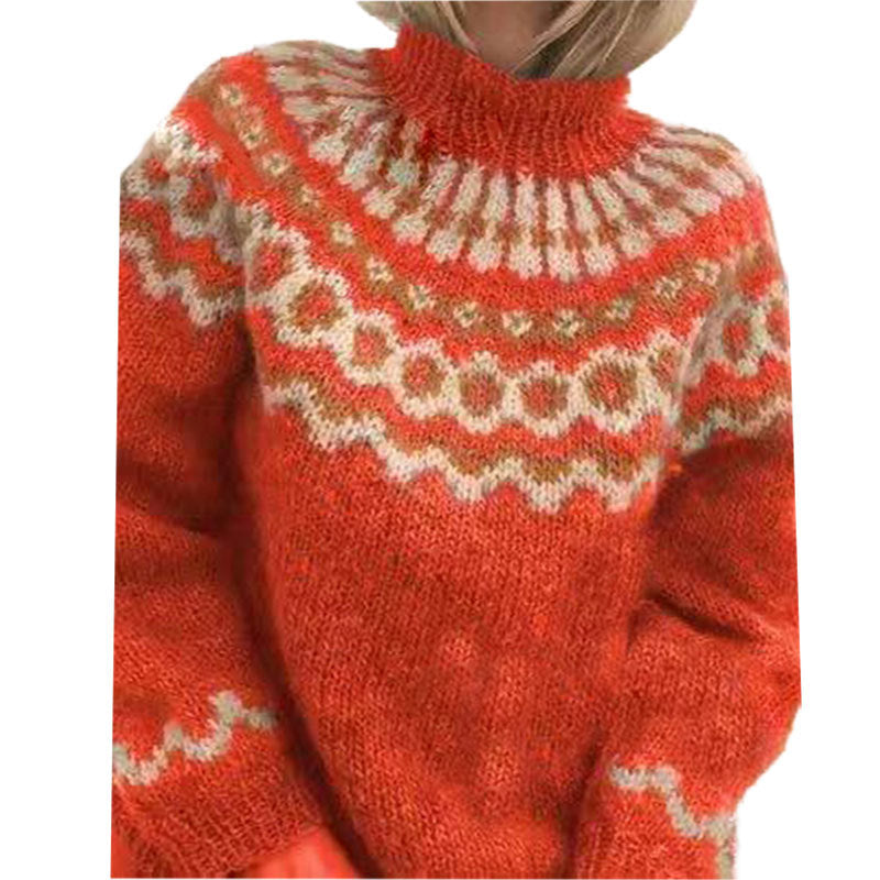Pull-over en laine orange avec motifs nordiques blancs et beiges, col montant. Mode hiver, tricot chaud, style scandinave tendance.