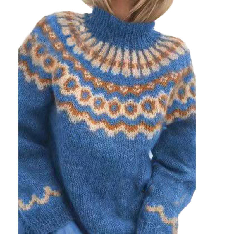 Pull en laine bleu avec motif jacquard nordique, col montant, manches longues. Mode hiver, tricot chaud, style scandinave.