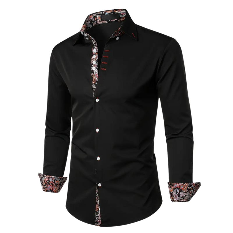 Chemise noire élégante pour homme avec motifs paisley colorés sur le col et les poignets, manches longues, boutons blancs, style moderne.