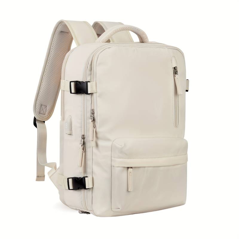 Sac à dos beige élégant avec poches multiples, bretelles rembourrées et fermetures éclair robustes. Idéal pour le voyage et l'école.