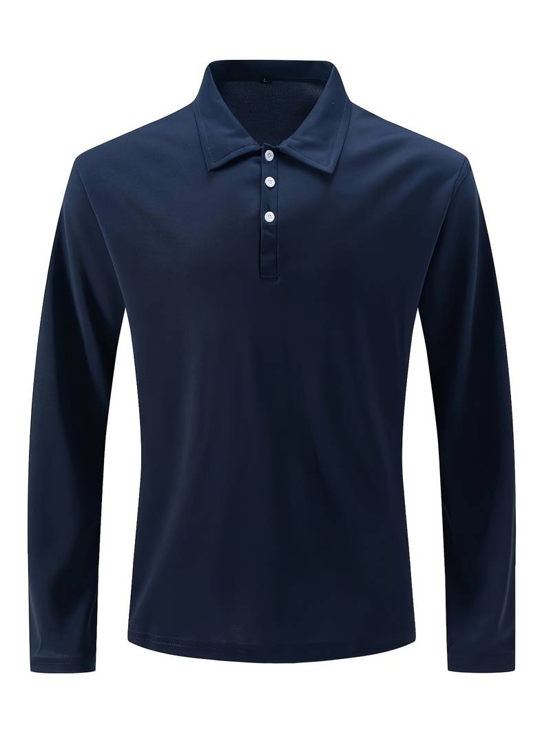 Polo bleu marine à manches longues pour homme, col boutonné, style décontracté élégant, idéal pour mode masculine et tenue quotidienne.
