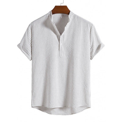 Camisa de lino a rayas para hombre con tapeta de medio botón